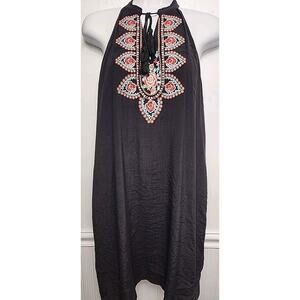 THML Dress Small Black Embroidered Aztec Mini Halter Tassel Tie Sleeveless Lined